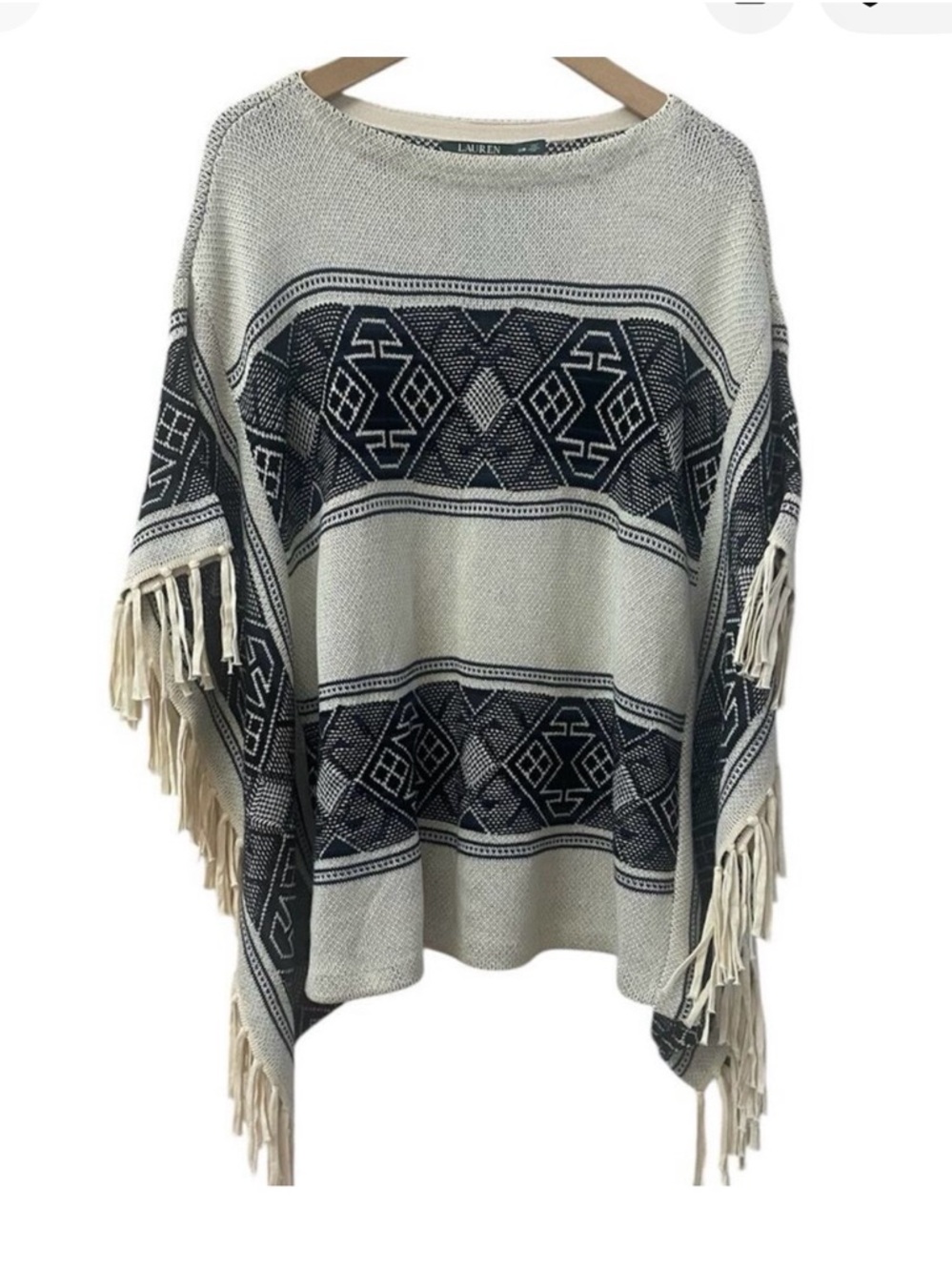 Ralph Lauren Cream and Black Southwestern Fringe Poncho